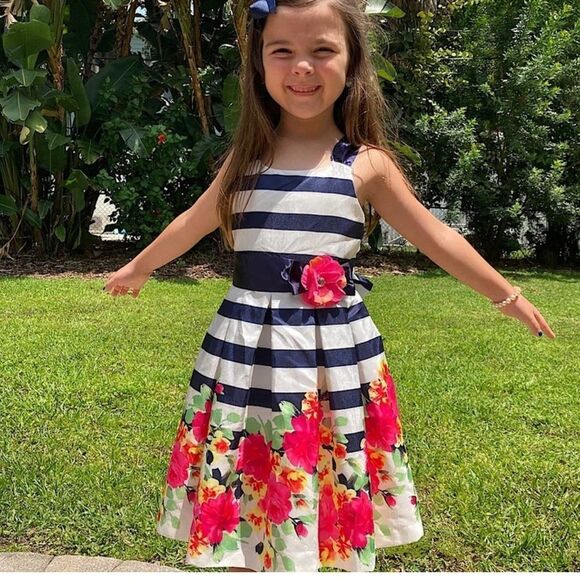 NEW Bonnie Jean Navy Blue Striped Flower Formal Party Satin Dress Size 2T